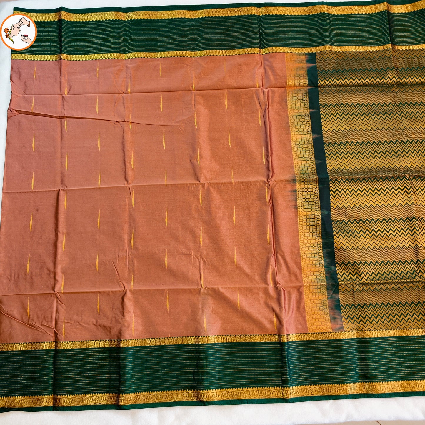 Copper Brown with Dark Green Vairoosi border Soft Silk Saree