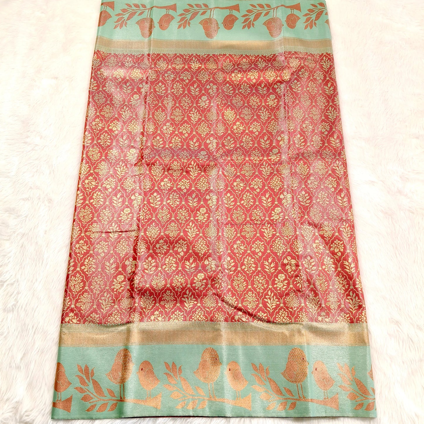 Marron with Sea Green Fancy Border High Tissue Silk Saree Vivahasilks