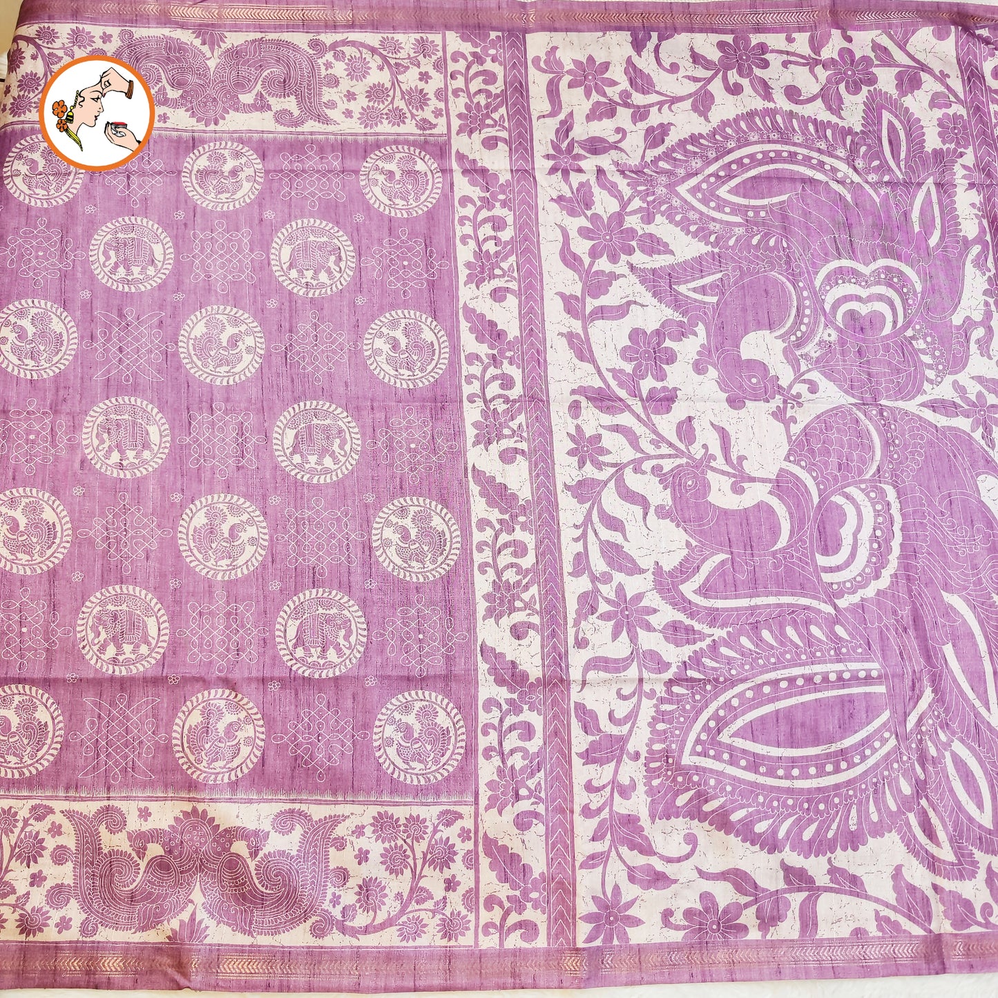 Purple Kalamkari Tussar Silk Saree with Kolam & Elephant Peacock butta