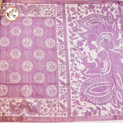 Purple Kalamkari Tussar Silk Saree with Kolam & Elephant Peacock butta