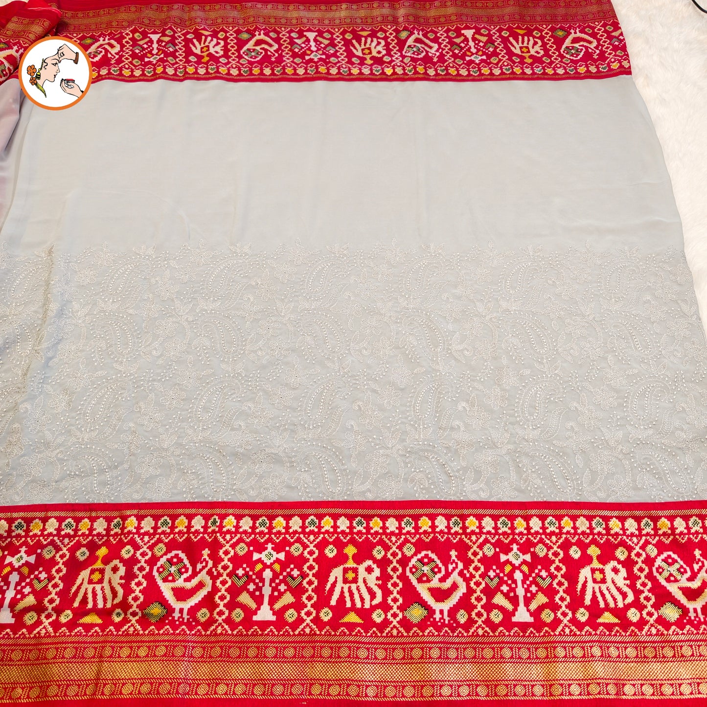 Grey with Red paithani border Lucknowi Chikankari Embroidery Pure Chiffon Partywear Saree
