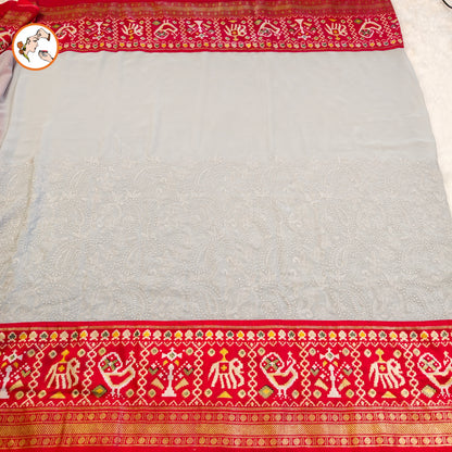 Grey with Red paithani border Lucknowi Chikankari Embroidery Pure Chiffon Partywear Saree