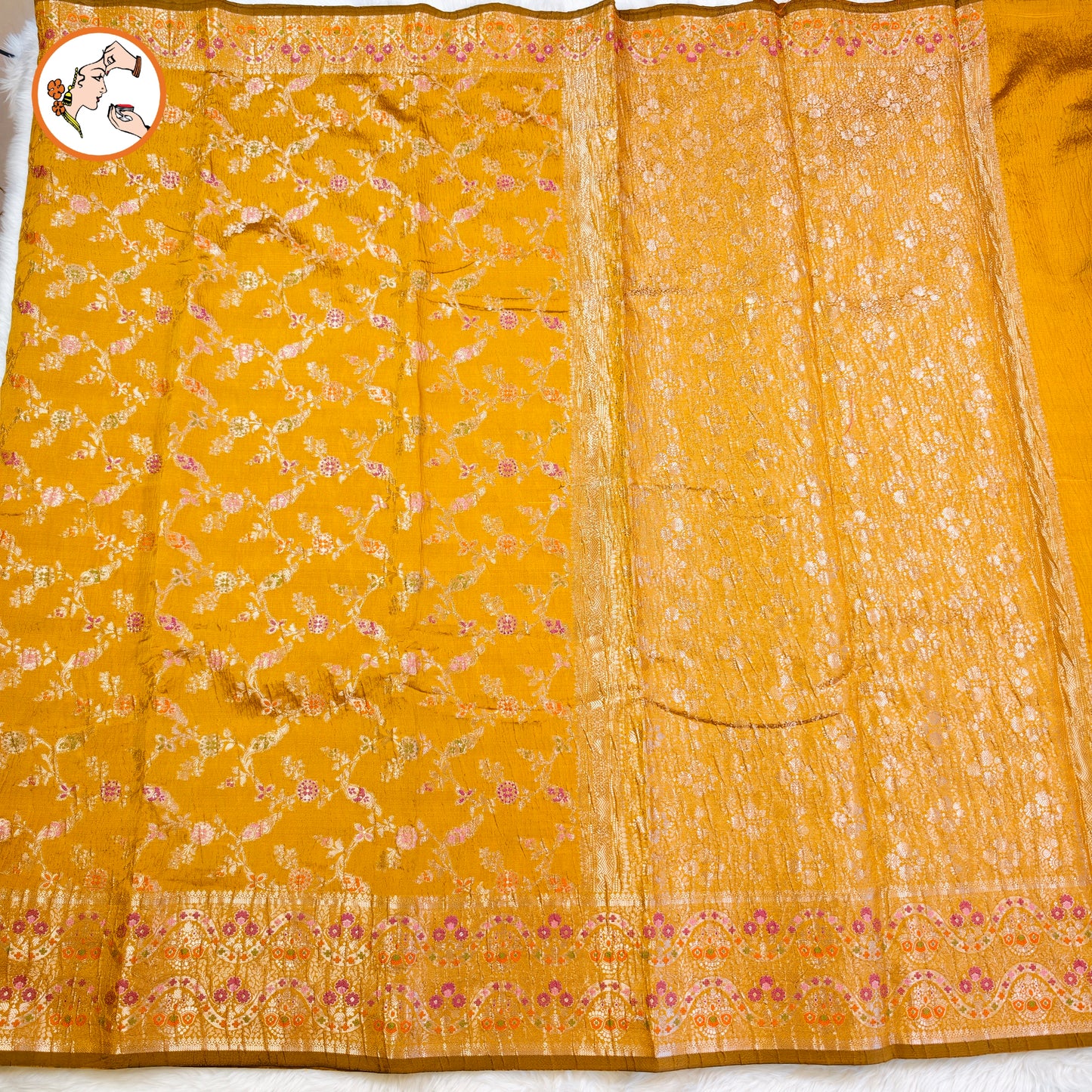 Golden Yellow Meenakari weaving Banarasi Crush Saree