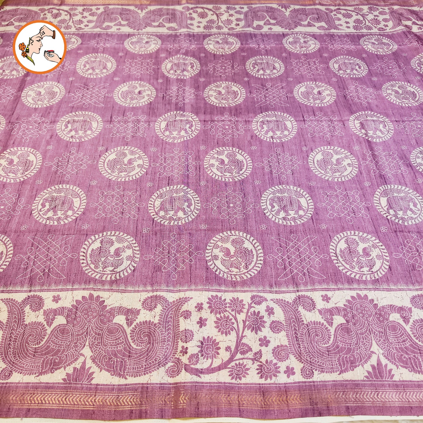 Purple Kalamkari Tussar Silk Saree with Kolam & Elephant Peacock butta