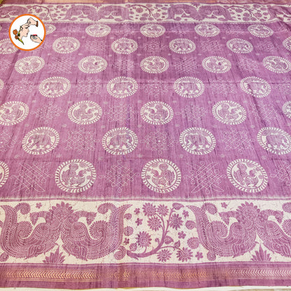 Purple Kalamkari Tussar Silk Saree with Kolam & Elephant Peacock butta