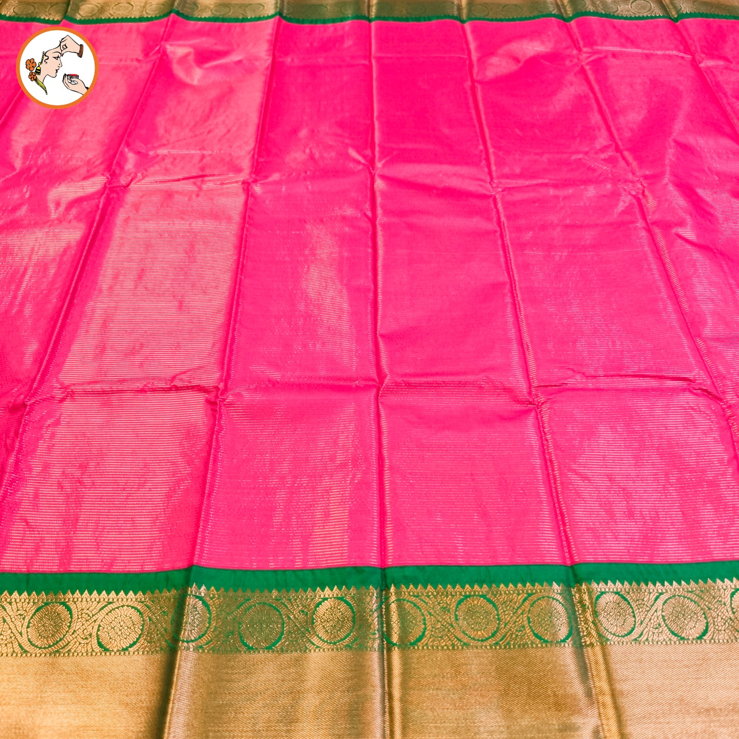 Pink with Green border Vairoosi stripes Kanchipuram Semi Silk Saree
