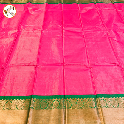 Pink with Green border Vairoosi stripes Kanchipuram Semi Silk Saree