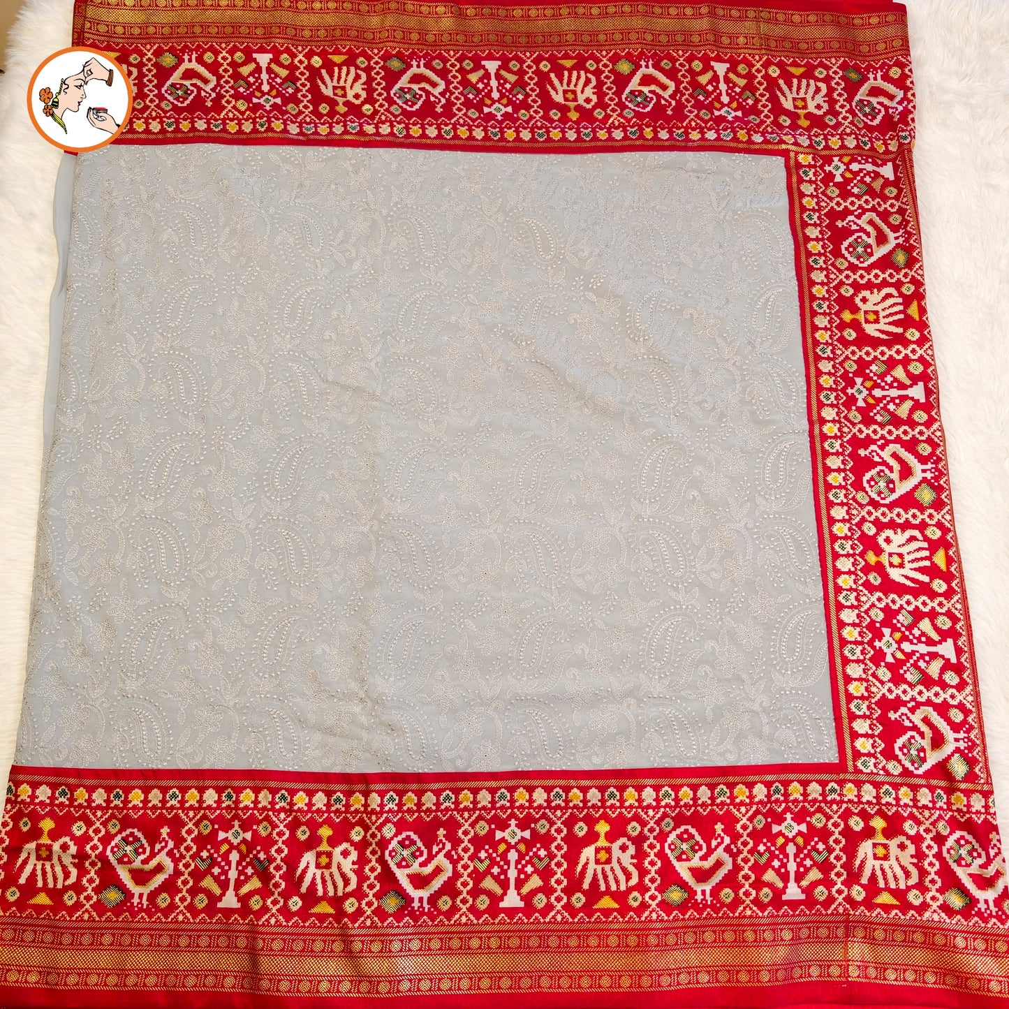 Grey with Red paithani border Lucknowi Chikankari Embroidery Pure Chiffon Partywear Saree