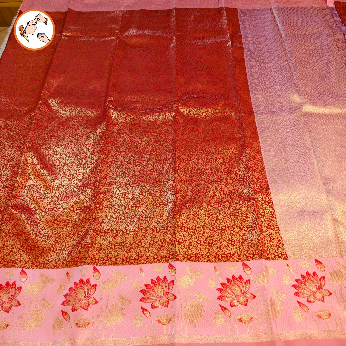 Red with Pink Lotus border Fancy Semi Silk Saree