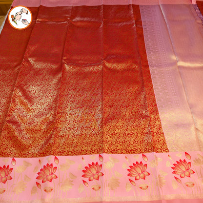 Red with Pink Lotus border Fancy Semi Silk Saree