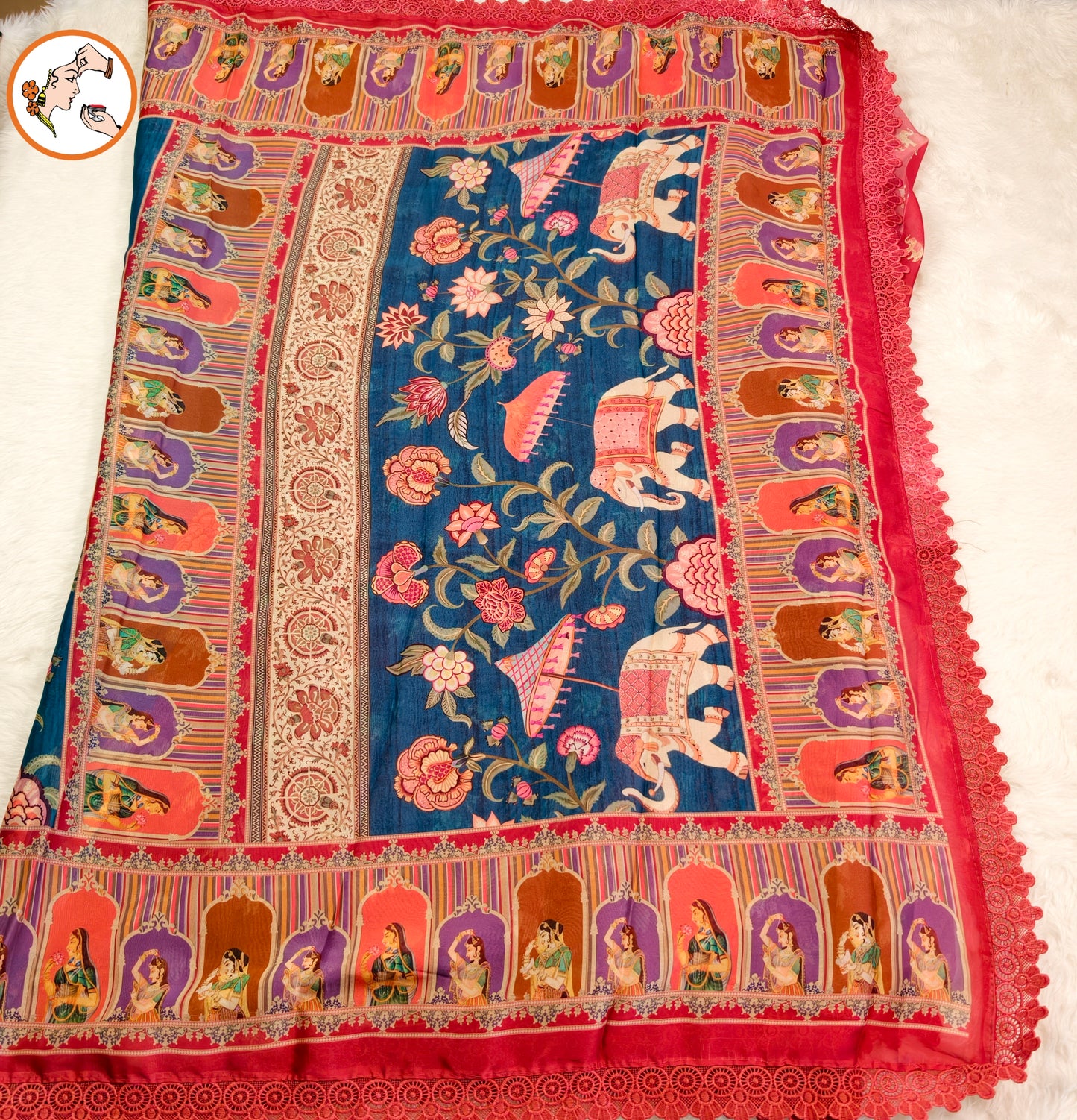 Peacock Blue Rajput painting motif Georgette Saree with lace border