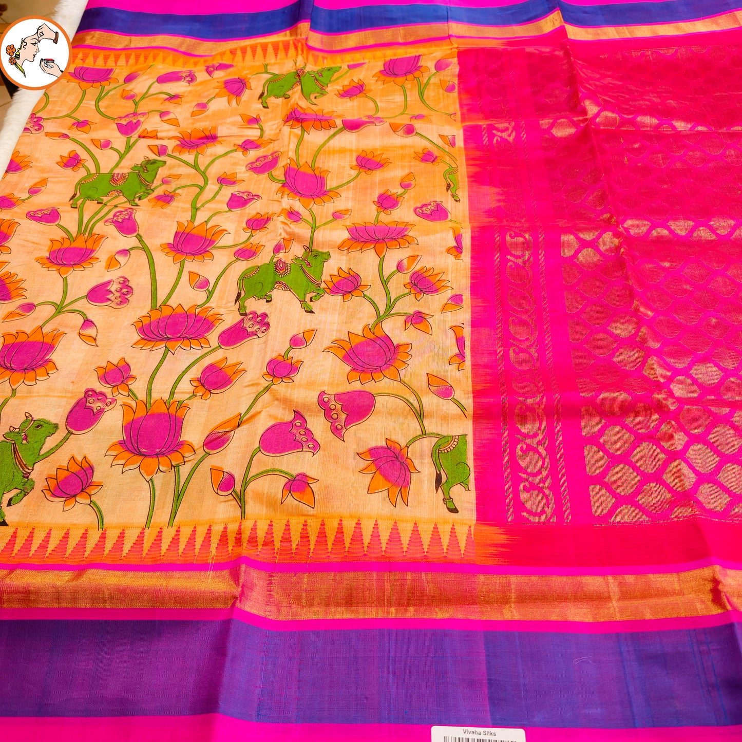 Beige with Rani Pink Pure Silk Cotton Saree with beautiful Kalamkari print