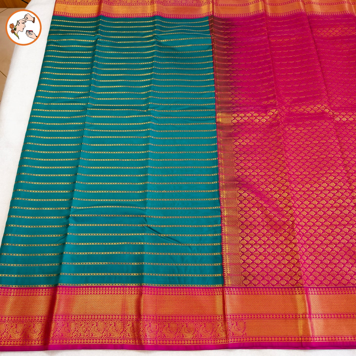 Peacock Green Kanchipuram Mix Silk Saree with horizontal stripes in body & purple peacock border