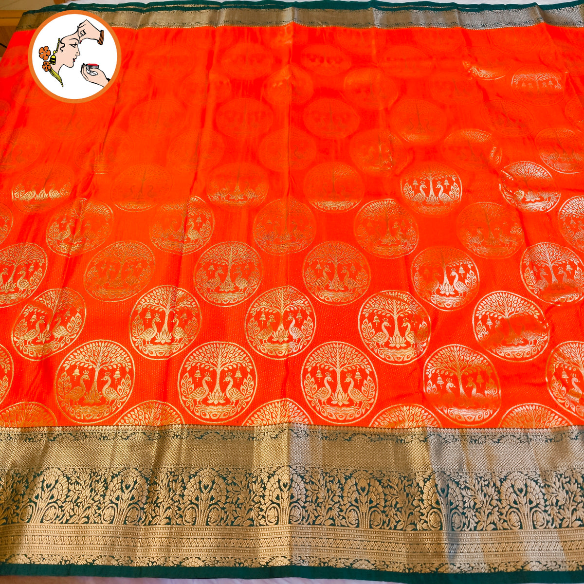 Rich Orange & Dark Green border with gold zari Peacock & floral motifs Traditional Kanchipuram Mix Silk Saree
