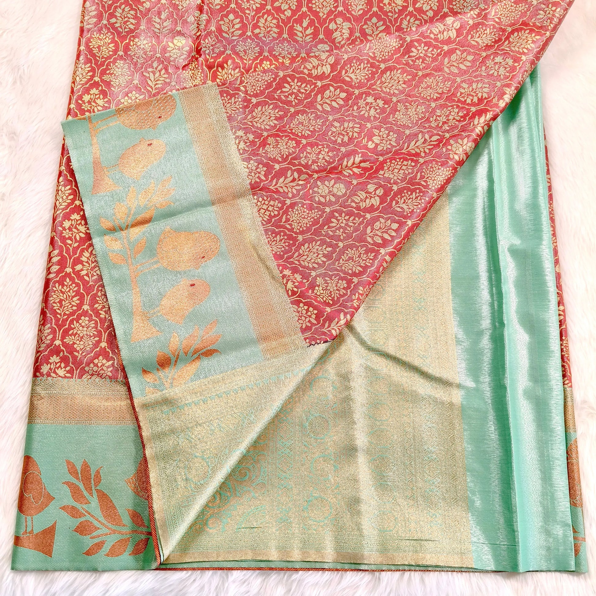 Marron with Sea Green Fancy Border High Tissue Silk Saree Vivahasilks