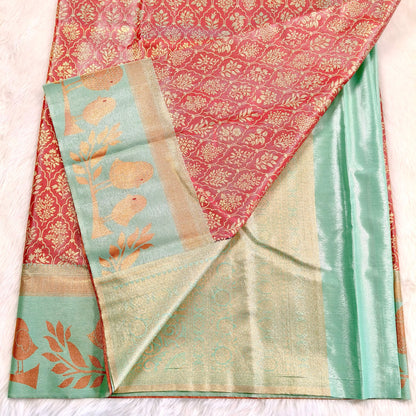 Marron with Sea Green Fancy Border High Tissue Silk Saree Vivahasilks