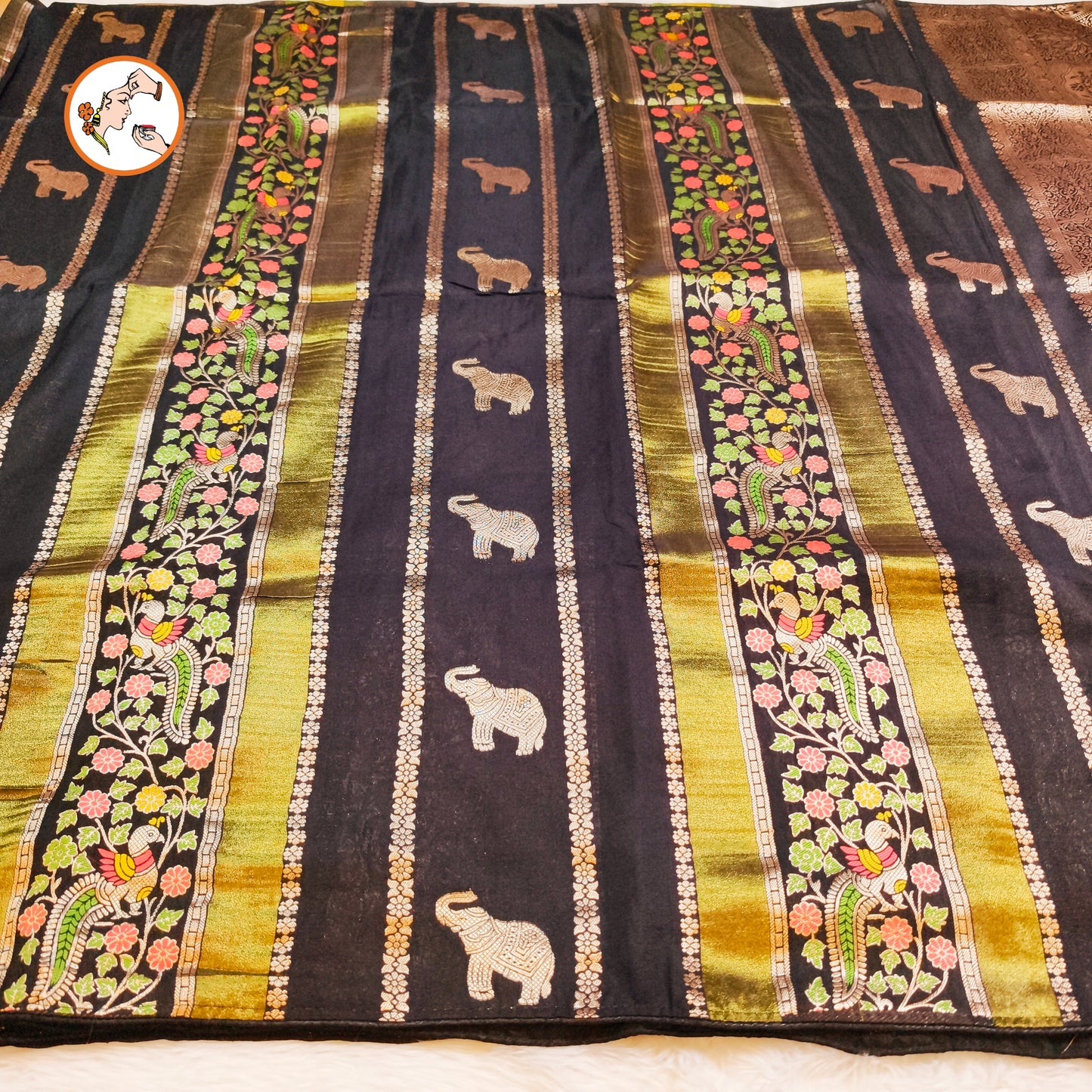 Black elephant motif Peacock Meenakari work Fancy Silk Saree