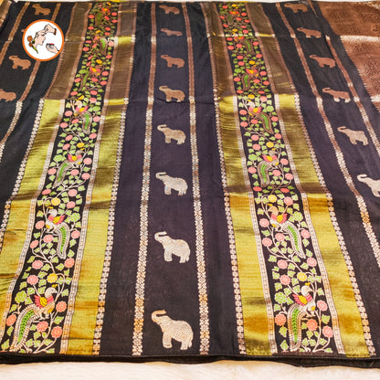 Black elephant motif Peacock Meenakari work Fancy Silk Saree