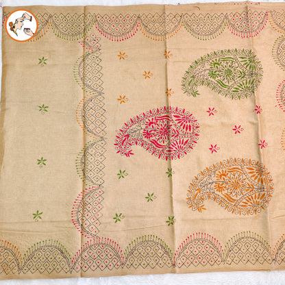 Beige colour Kantha embroidary Tussar Silk Saree
