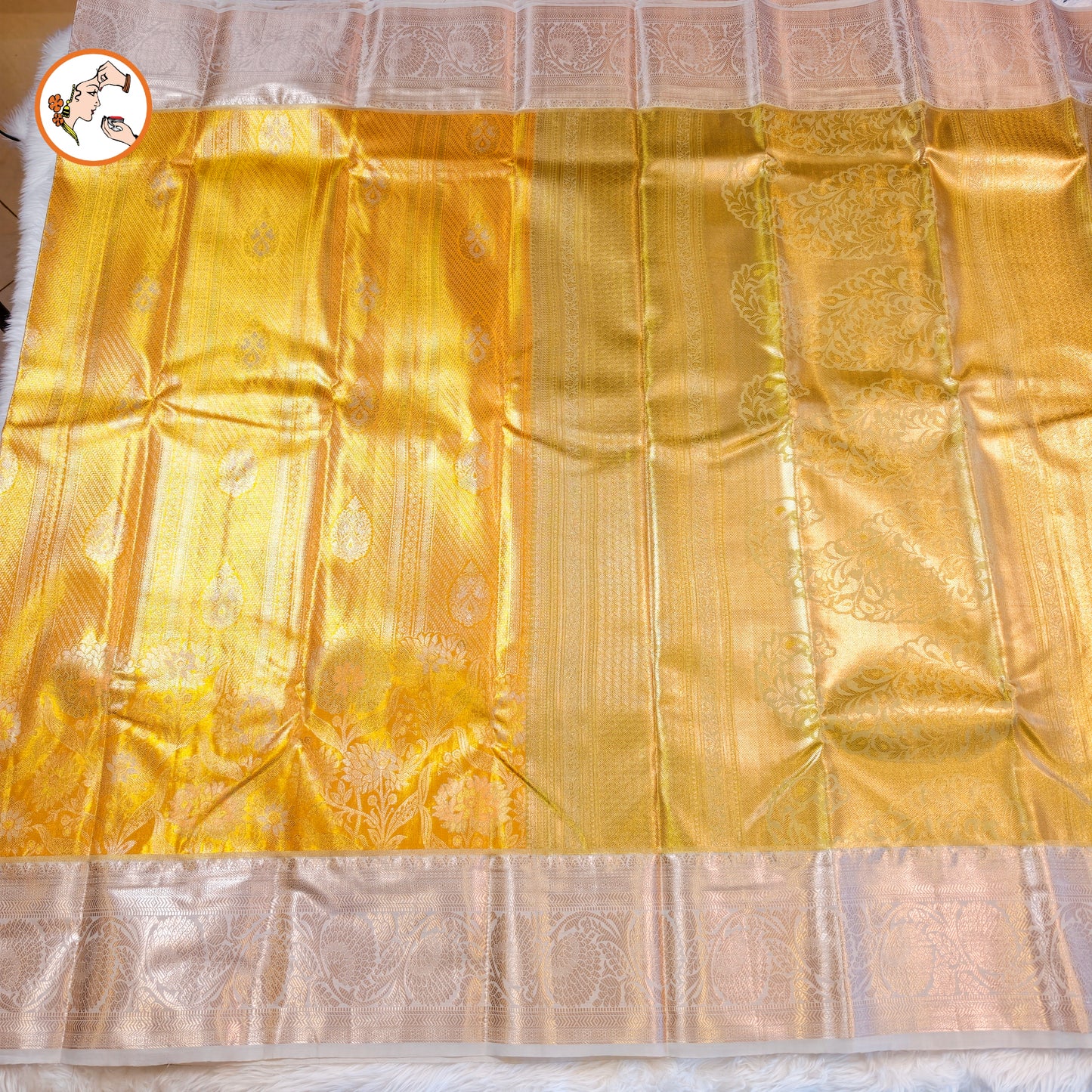 Golden with Silver border Kanchipuram Tissue Silk Saree