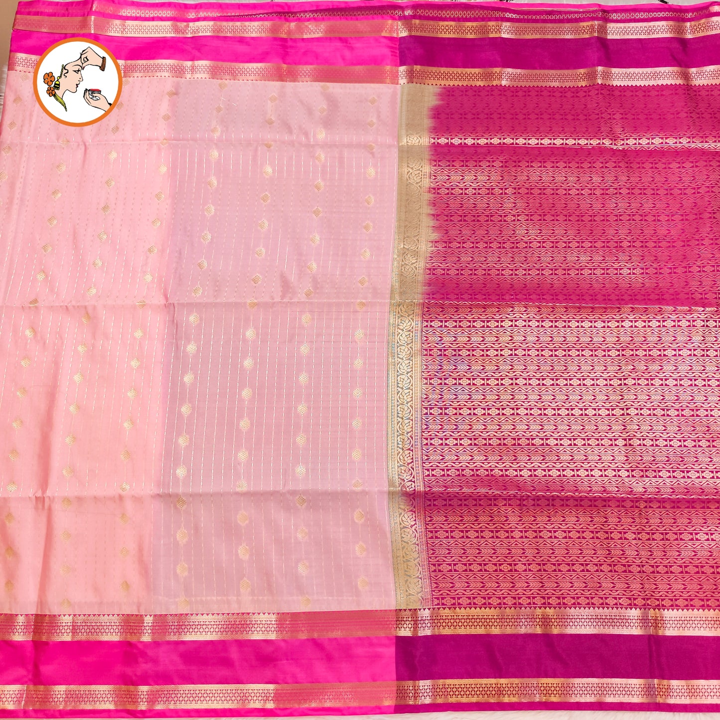 Baby Pink with Dark Pink Raindrop design Retta Petta border Semi Soft Silk Saree