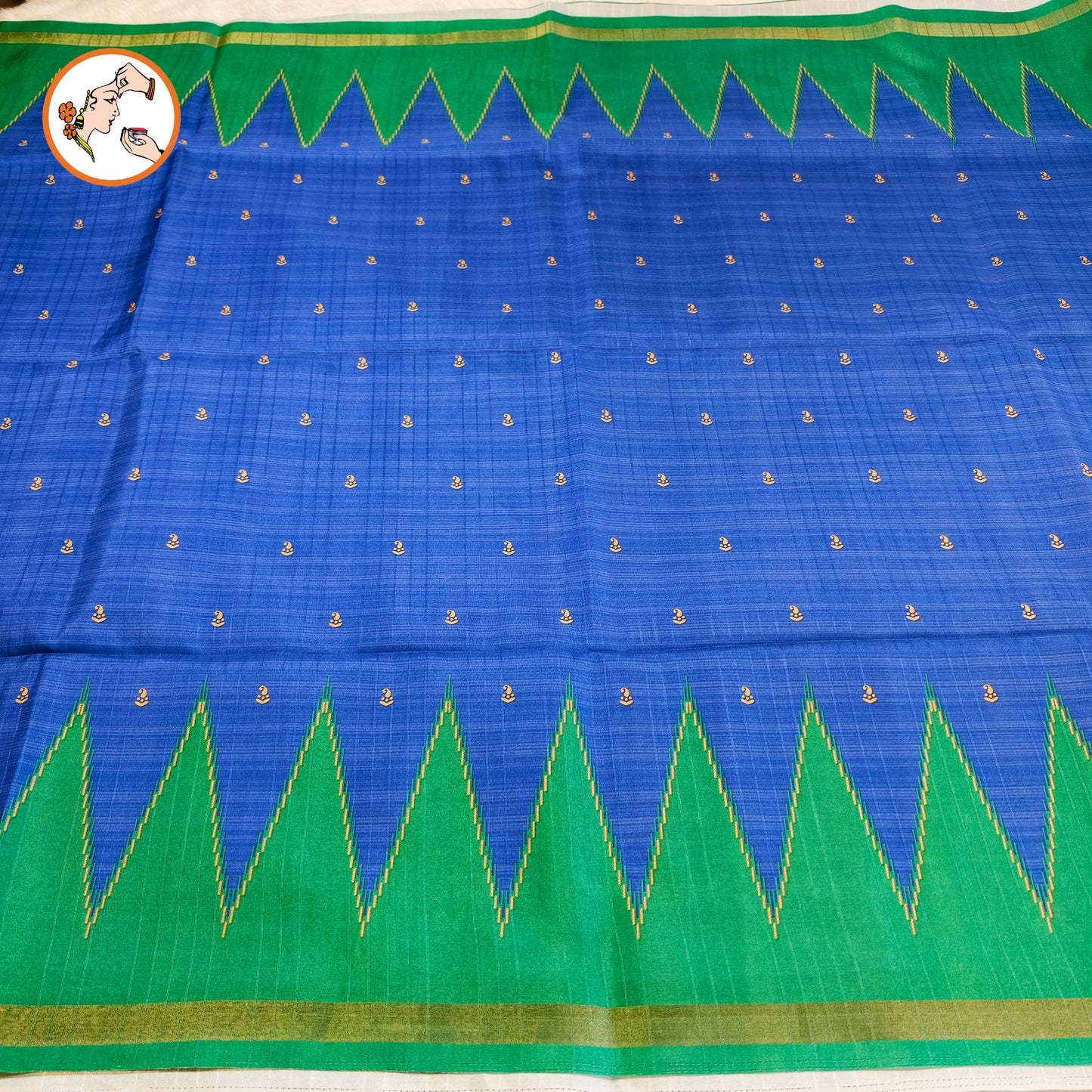Royal Blue with Green temple border Dola Silk Casual Saree