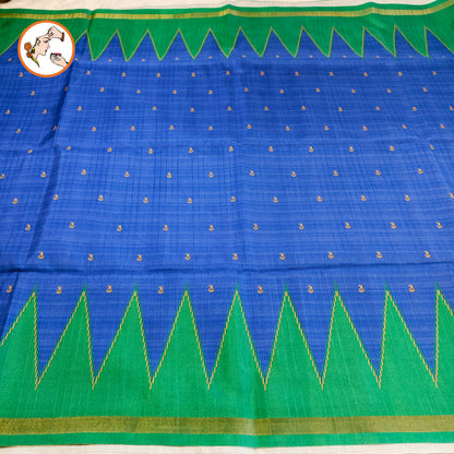 Royal Blue with Green temple border Dola Silk Casual Saree