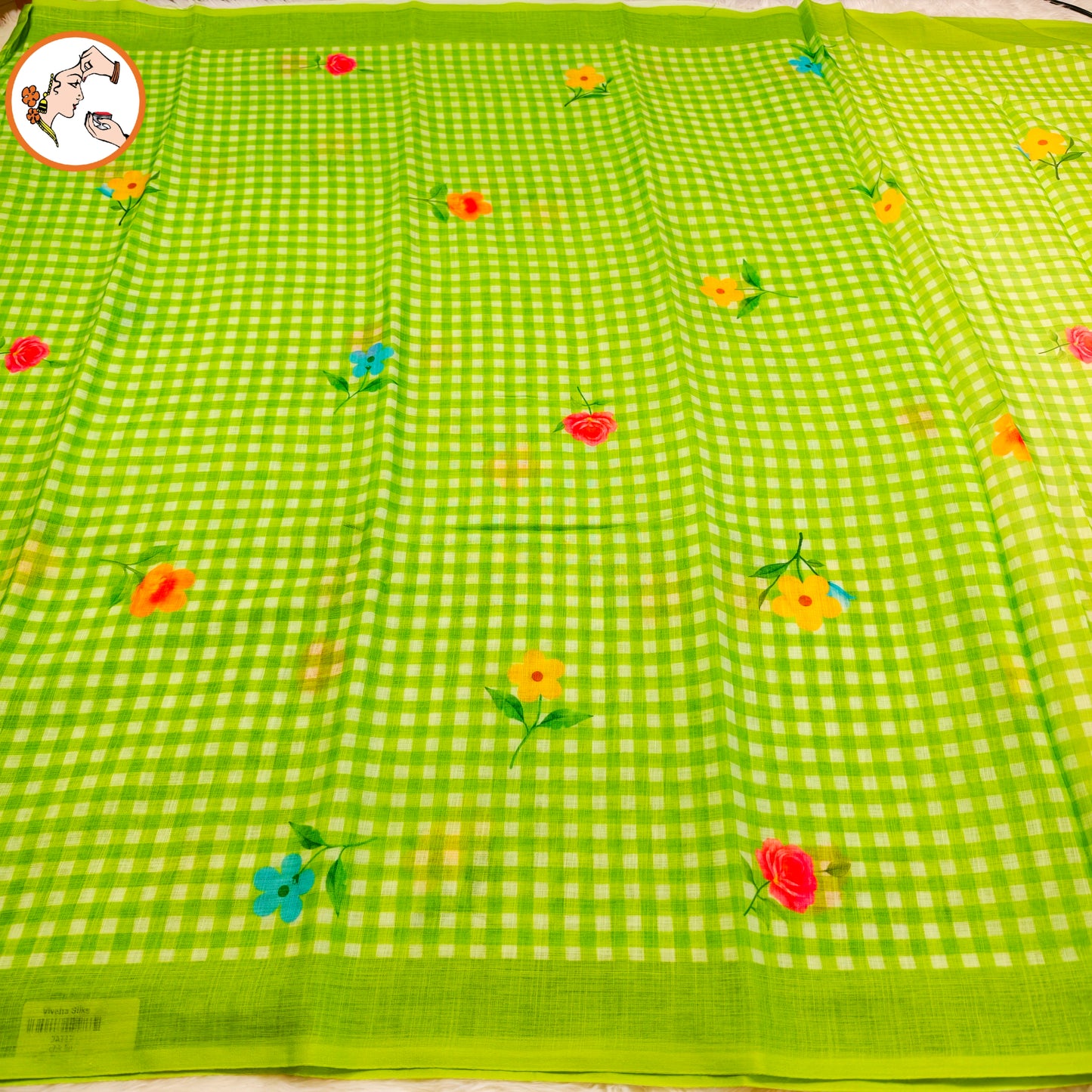 Parrot Green checks pattern Linen Cotton Casual Saree
