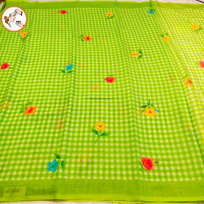 Parrot Green checks pattern Linen Cotton Casual Saree