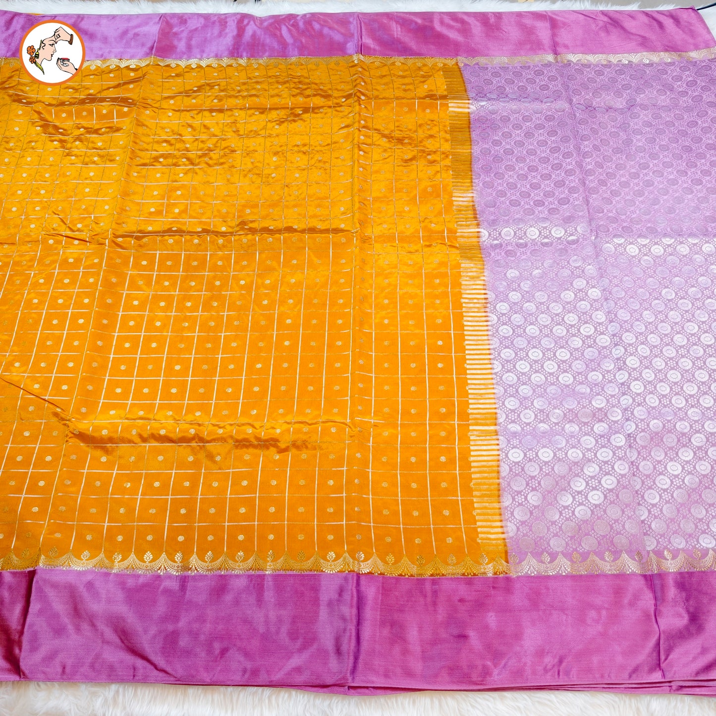 Golden Yellow Traditional checks Fancy Soft Silk Saree with Soft Pink Satin border