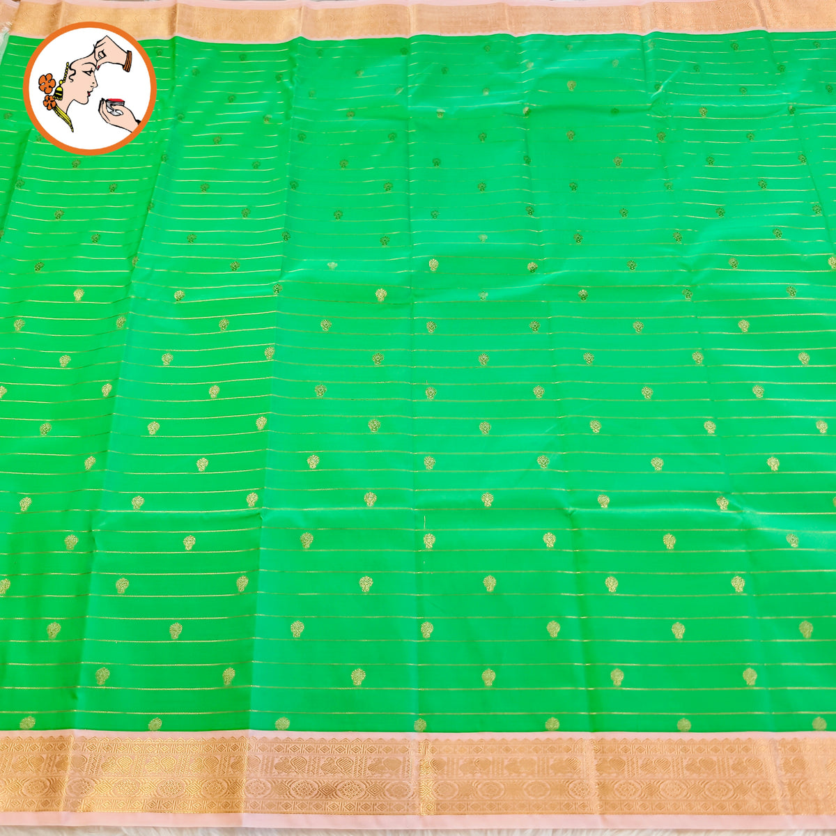 Emerald Green with Baby Pink border Golden zari Horizontal stripes Kanchipuram Semi Silk Saree