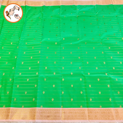 Emerald Green with Baby Pink border Golden zari Horizontal stripes Kanchipuram Semi Silk Saree