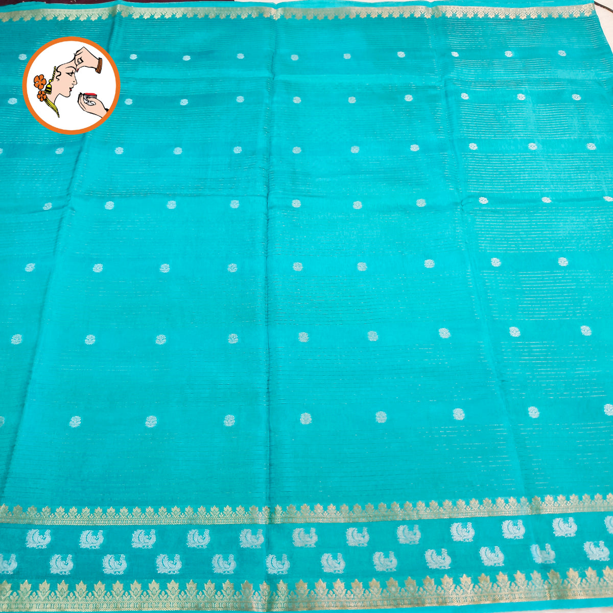 Sky Blue stripes body & peacock border Soft Viscose Fancy Silk Saree with Dark Brown Contrast blouse