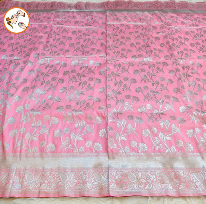 Light Pink Silver zari Banarasi Soft Silk Saree