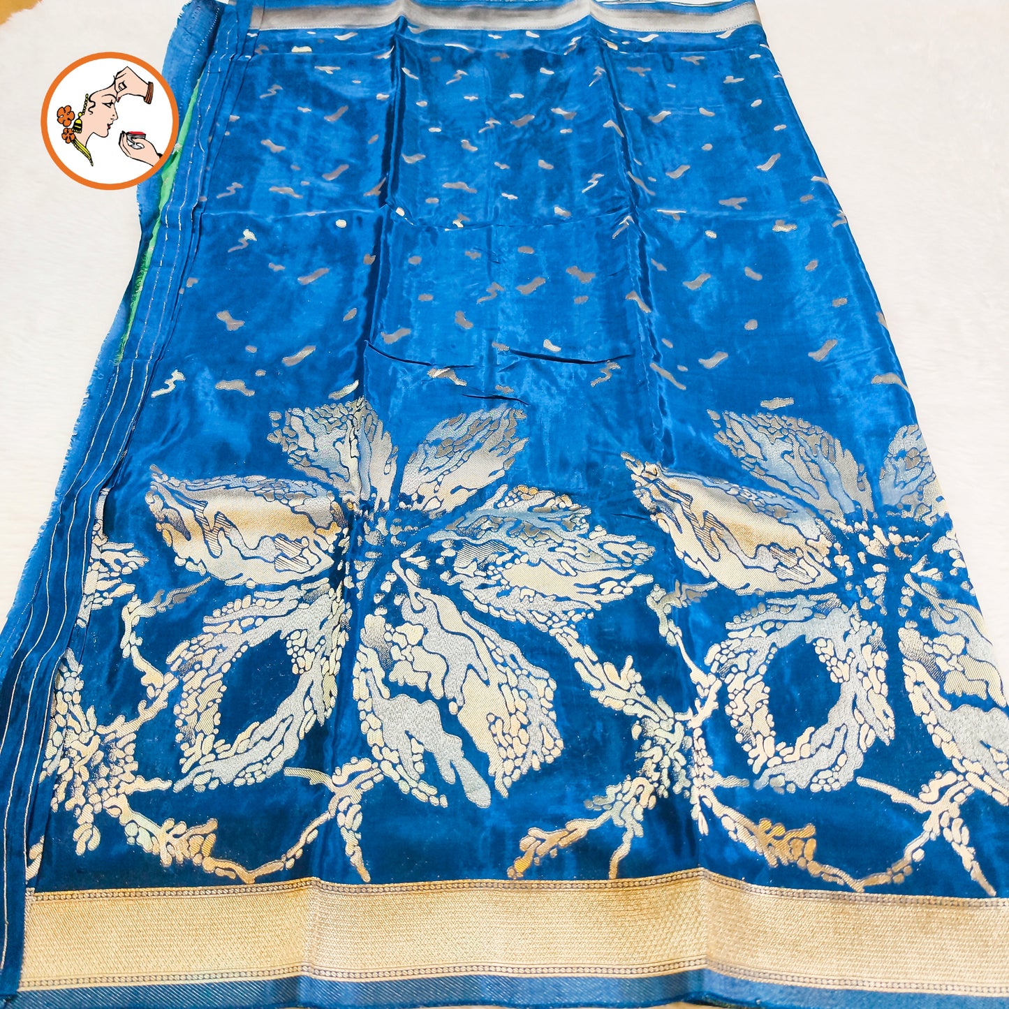 Peacock blue colour Antique Rich Gold zari work Pure Banarasi Russian Satin Silk Fancy Saree