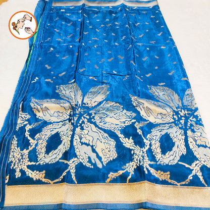 Peacock blue colour Antique Rich Gold zari work Pure Banarasi Russian Satin Silk Fancy Saree