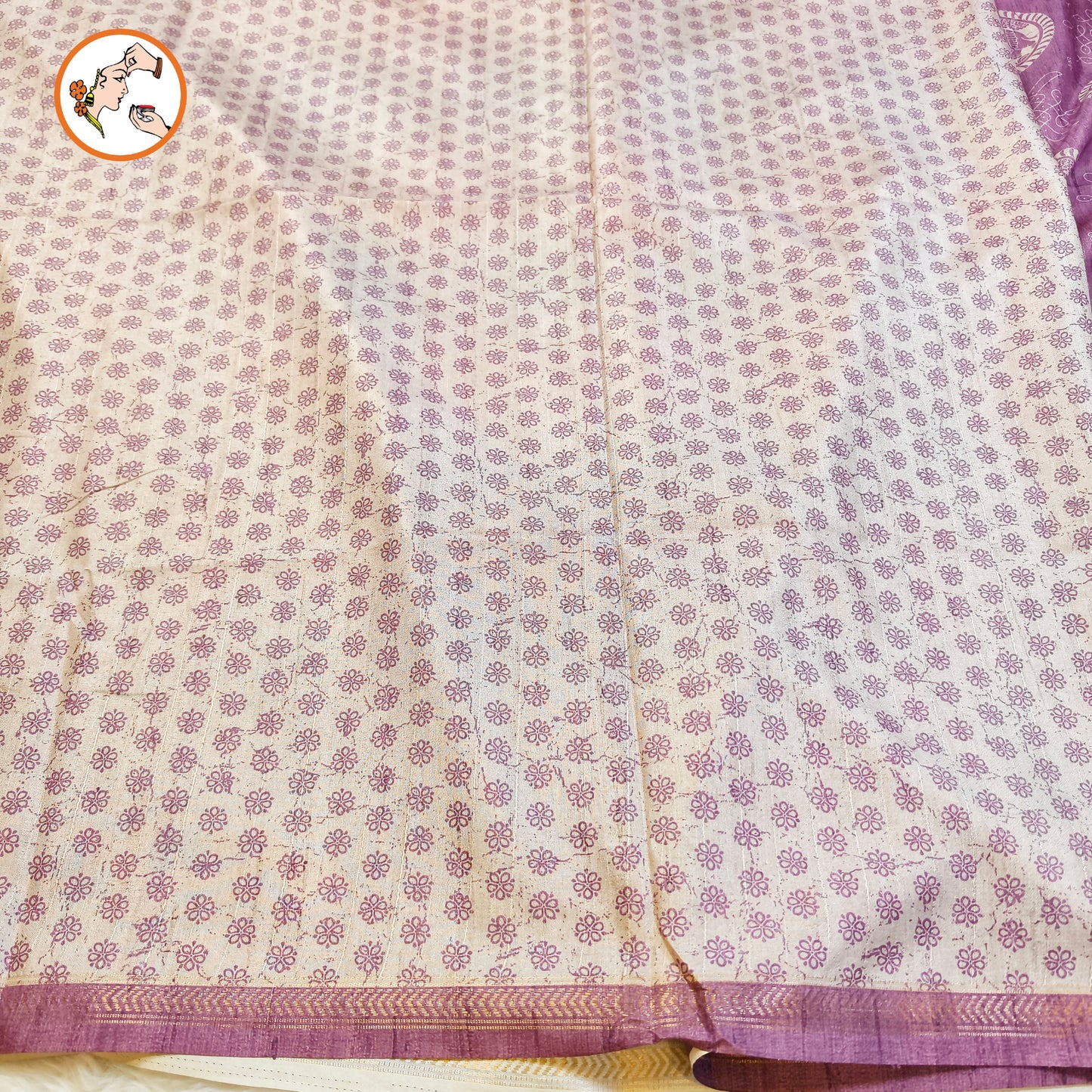 Purple Kalamkari Tussar Silk Saree with Kolam & Elephant Peacock butta