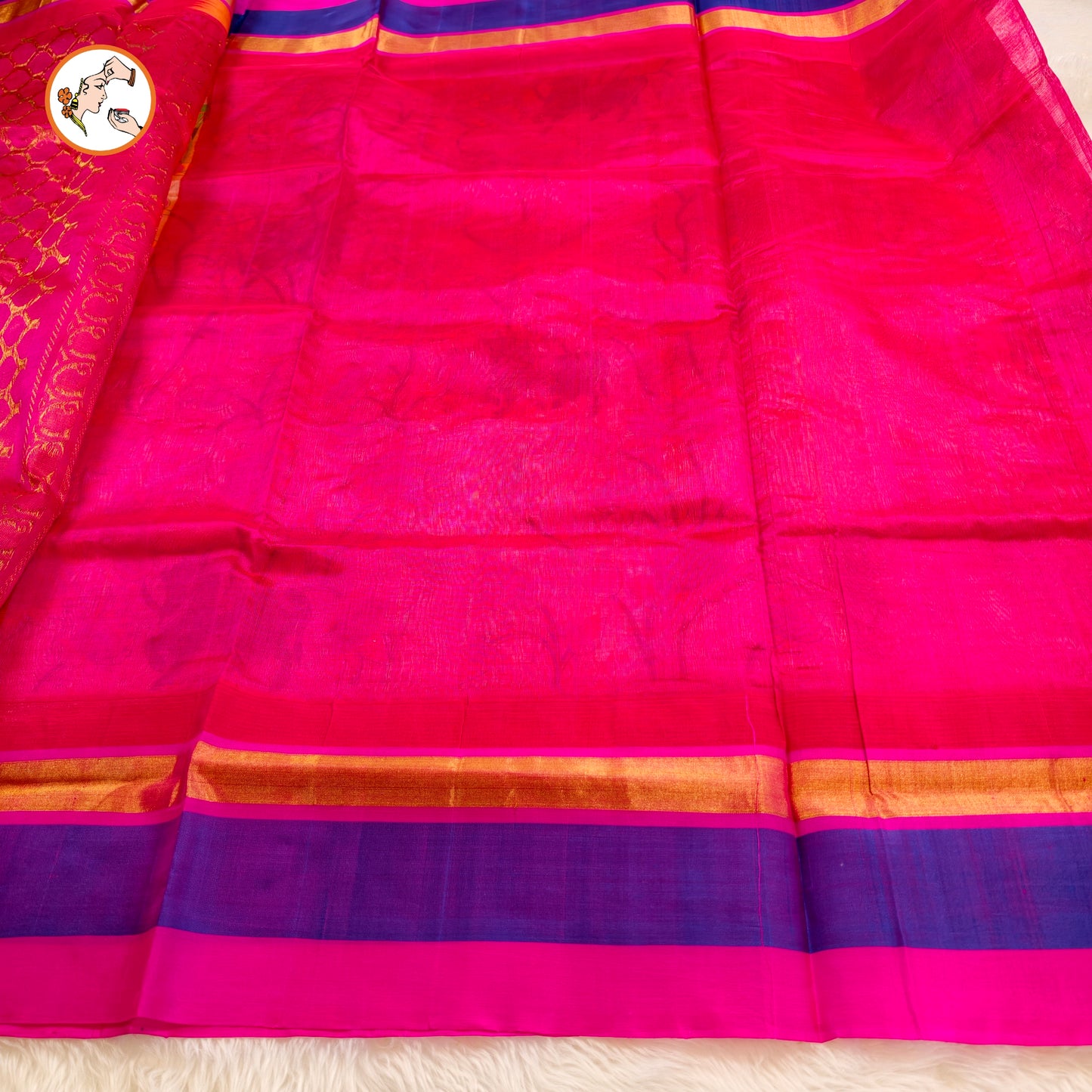 Beige with Rani Pink Pure Silk Cotton Saree with beautiful Kalamkari print