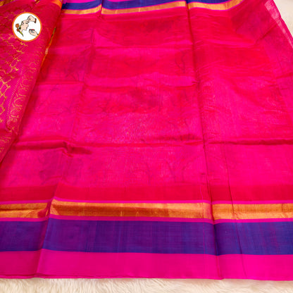 Beige with Rani Pink Pure Silk Cotton Saree with beautiful Kalamkari print