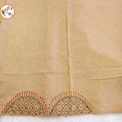 Beige colour Kantha embroidary Tussar Silk Saree