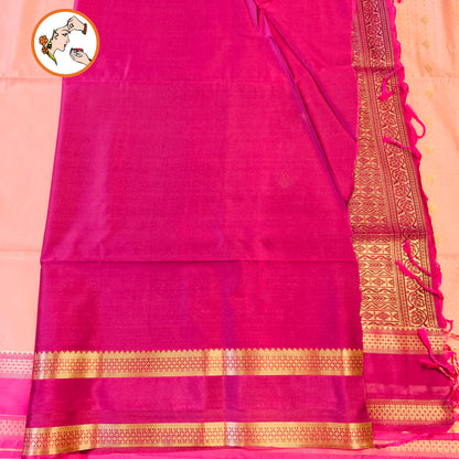 Baby Pink with Dark Pink Raindrop design Retta Petta border Semi Soft Silk Saree