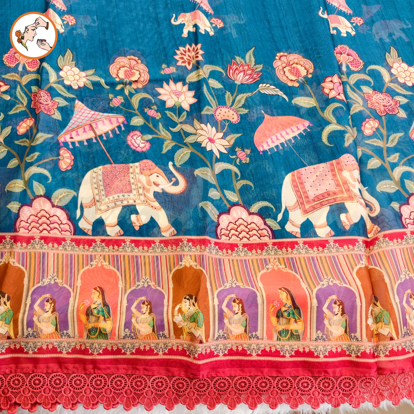 Peacock Blue Rajput painting motif Georgette Saree with lace border