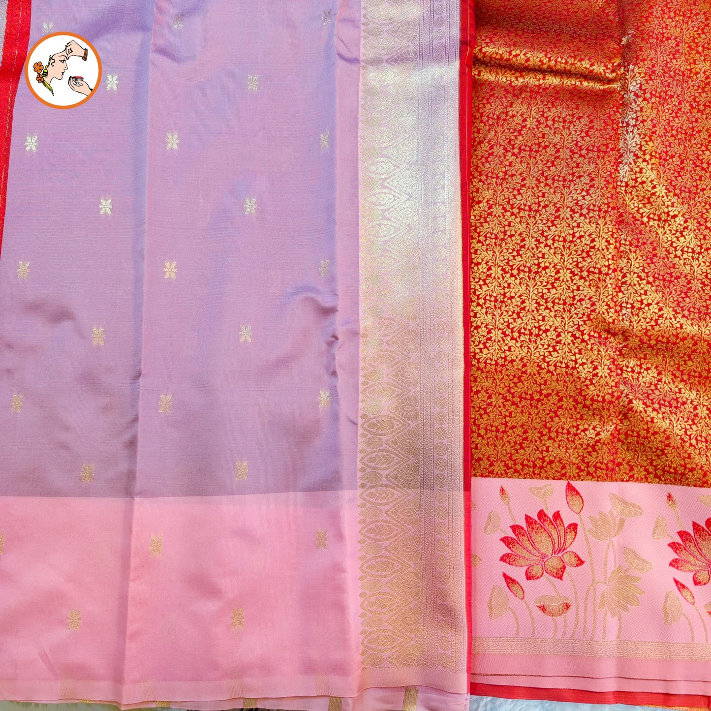Red with Pink Lotus border Fancy Semi Silk Saree