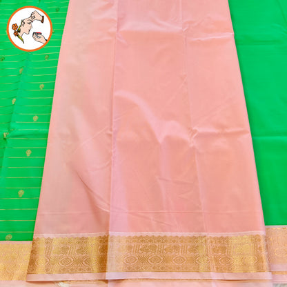 Emerald Green with Baby Pink border Golden zari Horizontal stripes Kanchipuram Semi Silk Saree