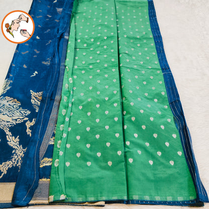 Peacock blue colour Antique Rich Gold zari work Pure Banarasi Russian Satin Silk Fancy Saree