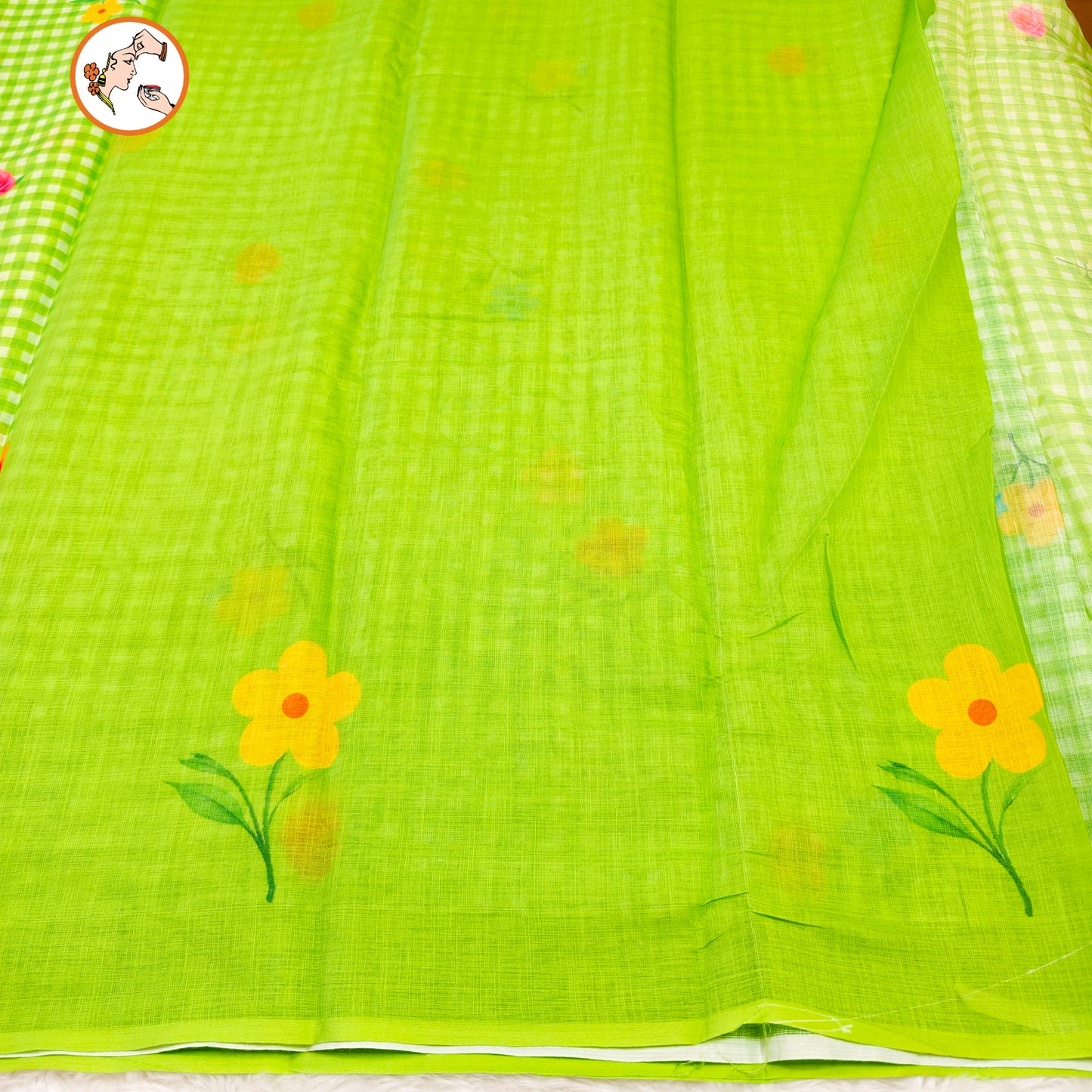 Parrot Green checks pattern Linen Cotton Casual Saree