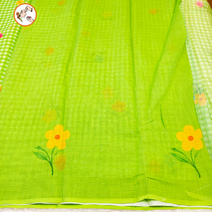 Parrot Green checks pattern Linen Cotton Casual Saree
