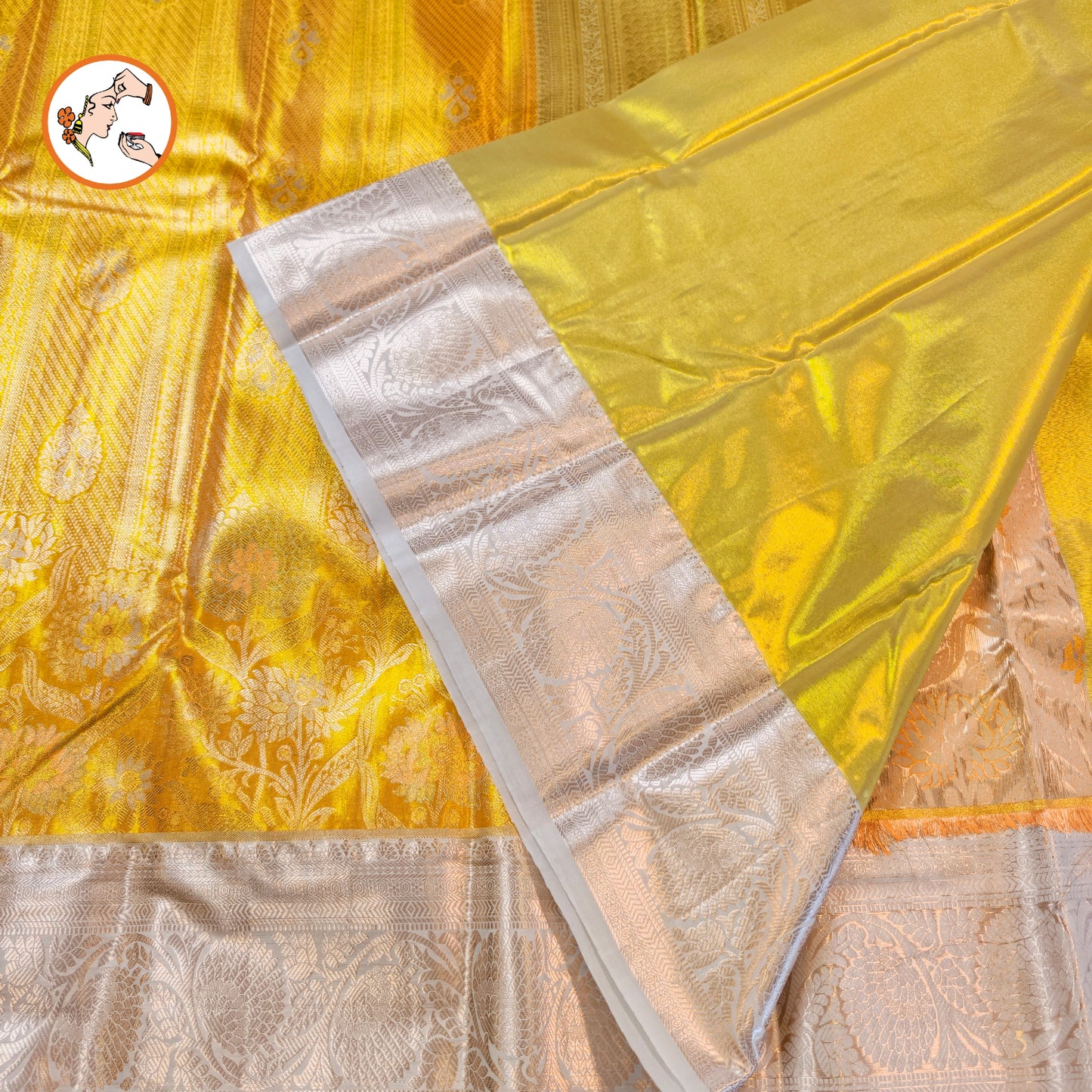 Golden with Silver border Kanchipuram Tissue Silk Saree