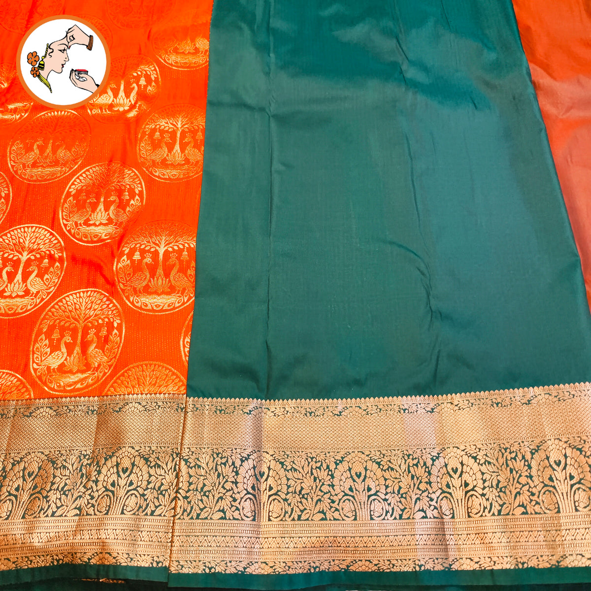 Rich Orange & Dark Green border with gold zari Peacock & floral motifs Traditional Kanchipuram Mix Silk Saree