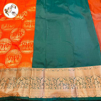 Rich Orange & Dark Green border with gold zari Peacock & floral motifs Traditional Kanchipuram Mix Silk Saree